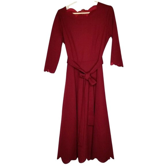 Womens Burgundy Scalloped Neck Long Sleeve Dress Size L Polyester Blend Workwear - Picture 1 of 12